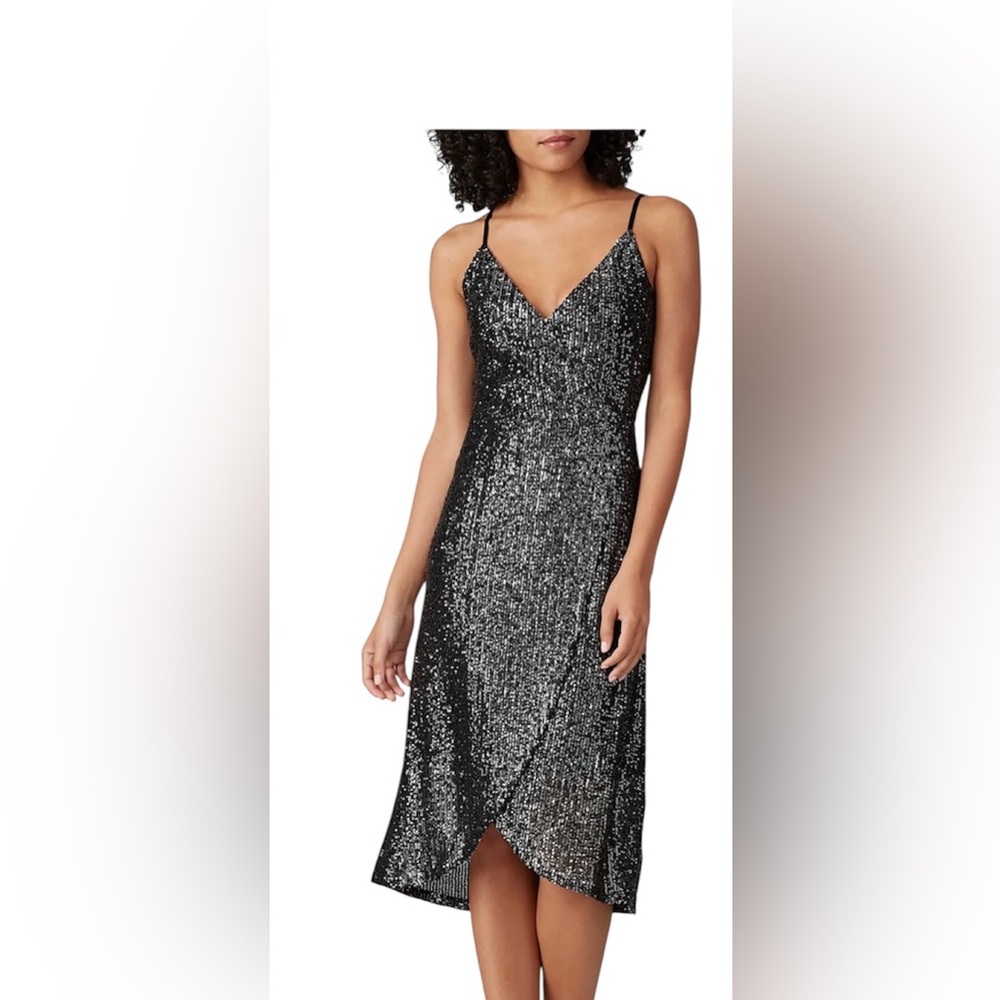 Cupcakes and Cashmere Joelle Black Sequin Faux Wrap Midi Dress Sz. S